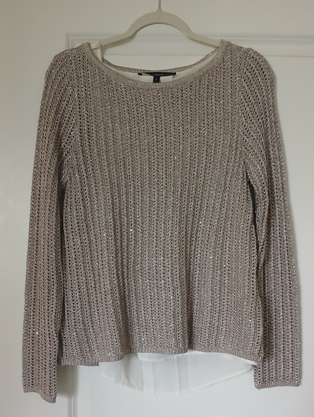 White House Black Market Metallic Champagne Open-Knit Crew Neck Sweater